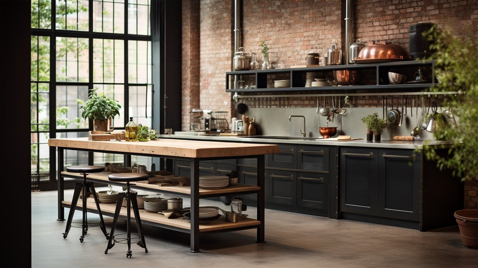 Industrial elegance, a black industrial kitchen with exposed bricks.