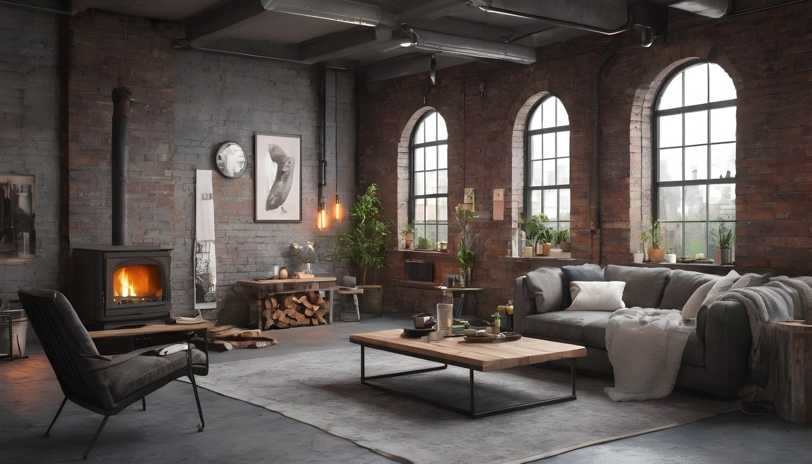 Industrial living room with exposed bricks and big windows.