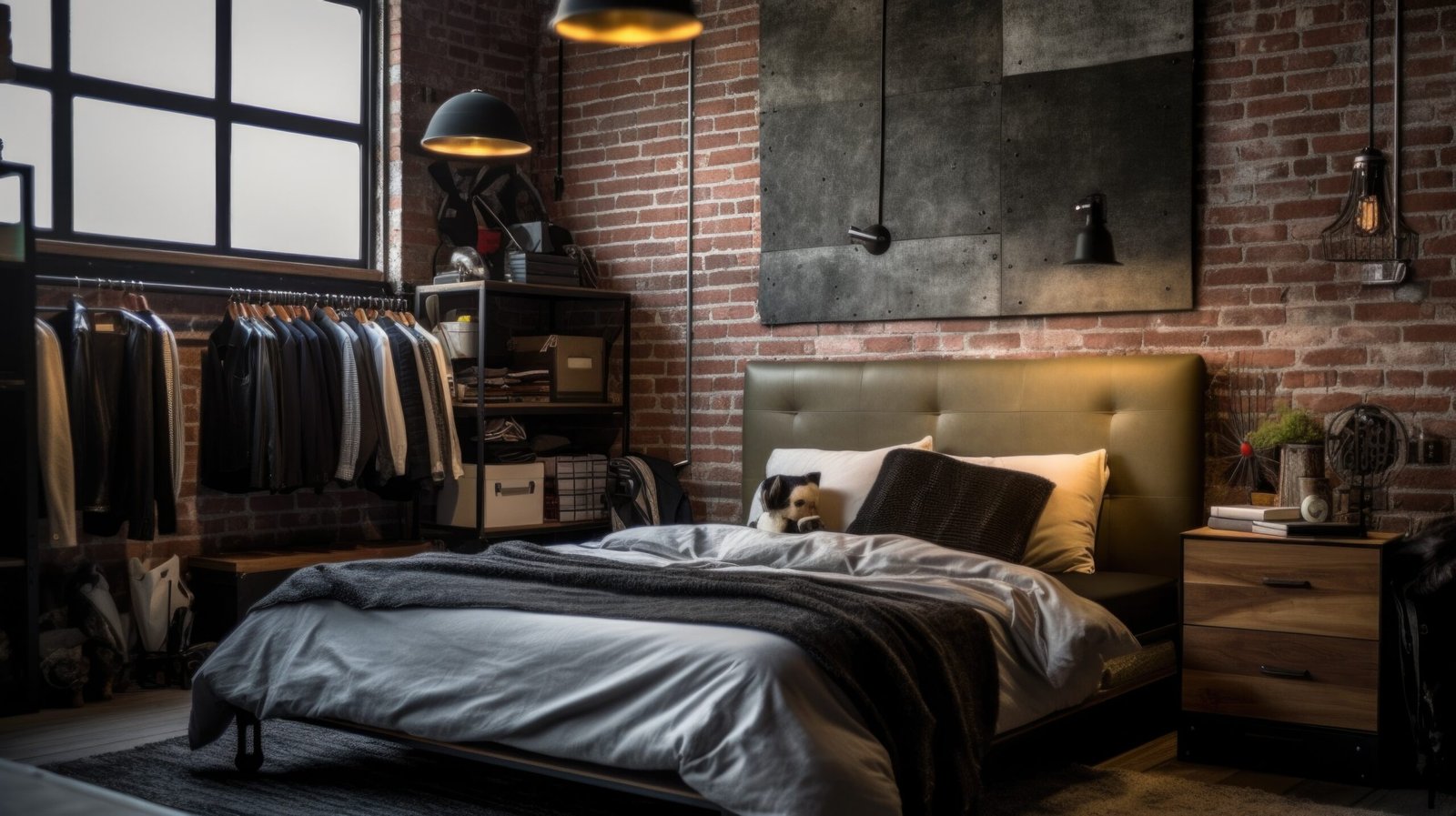 Industrial rustic style with exposed brick wall decorated with metal and wood material.