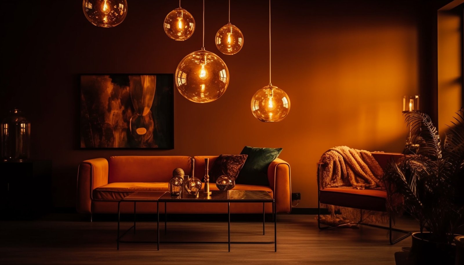 Comfortable modern living room with elegant lighting equipment.