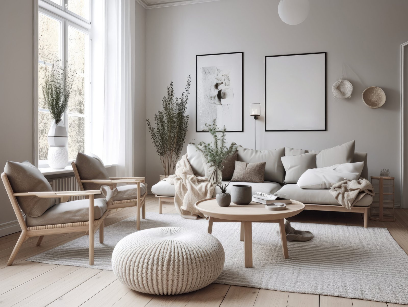 Comfy Scandinavian interior living room with light wood furniture.