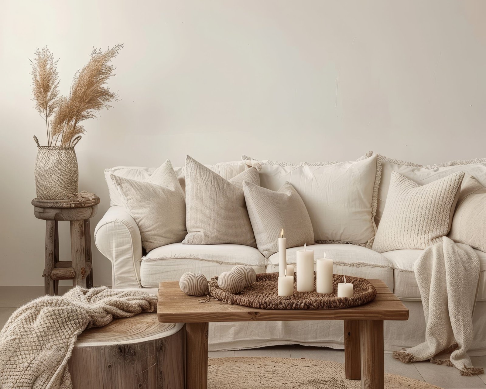 Cozy beige living room with simple modern interior details. 