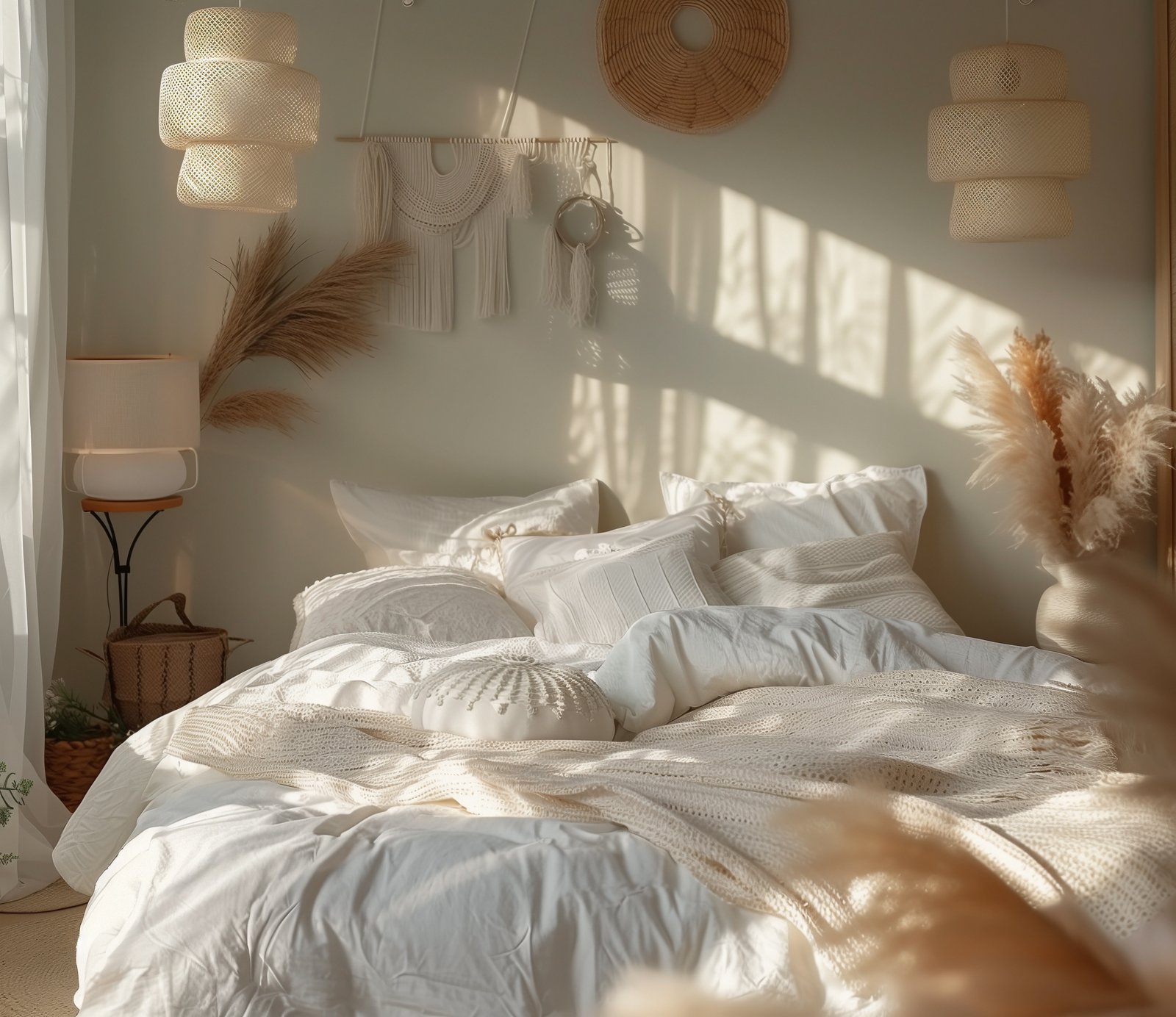 A beautifully arranged modern bedroom featuring soft textiles, cozy bedding, and natural light filtering through large windows.