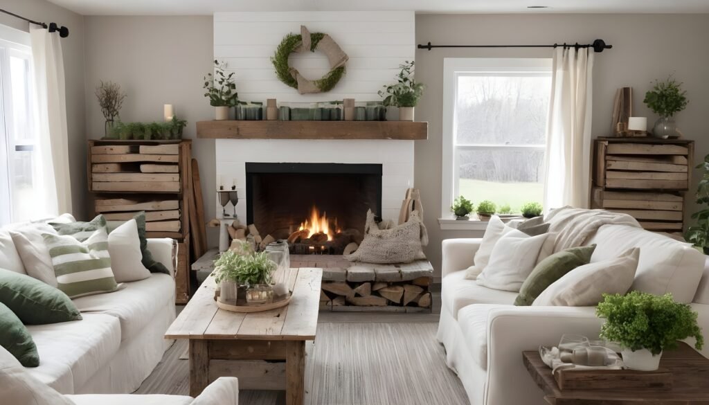 Cozy living room with reclaimed wood and fabric.