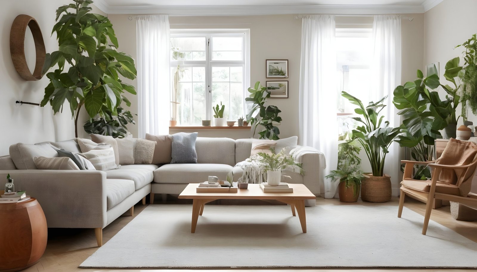 Biophilic living room in earthy colors, a large beige couch and lots of plants.