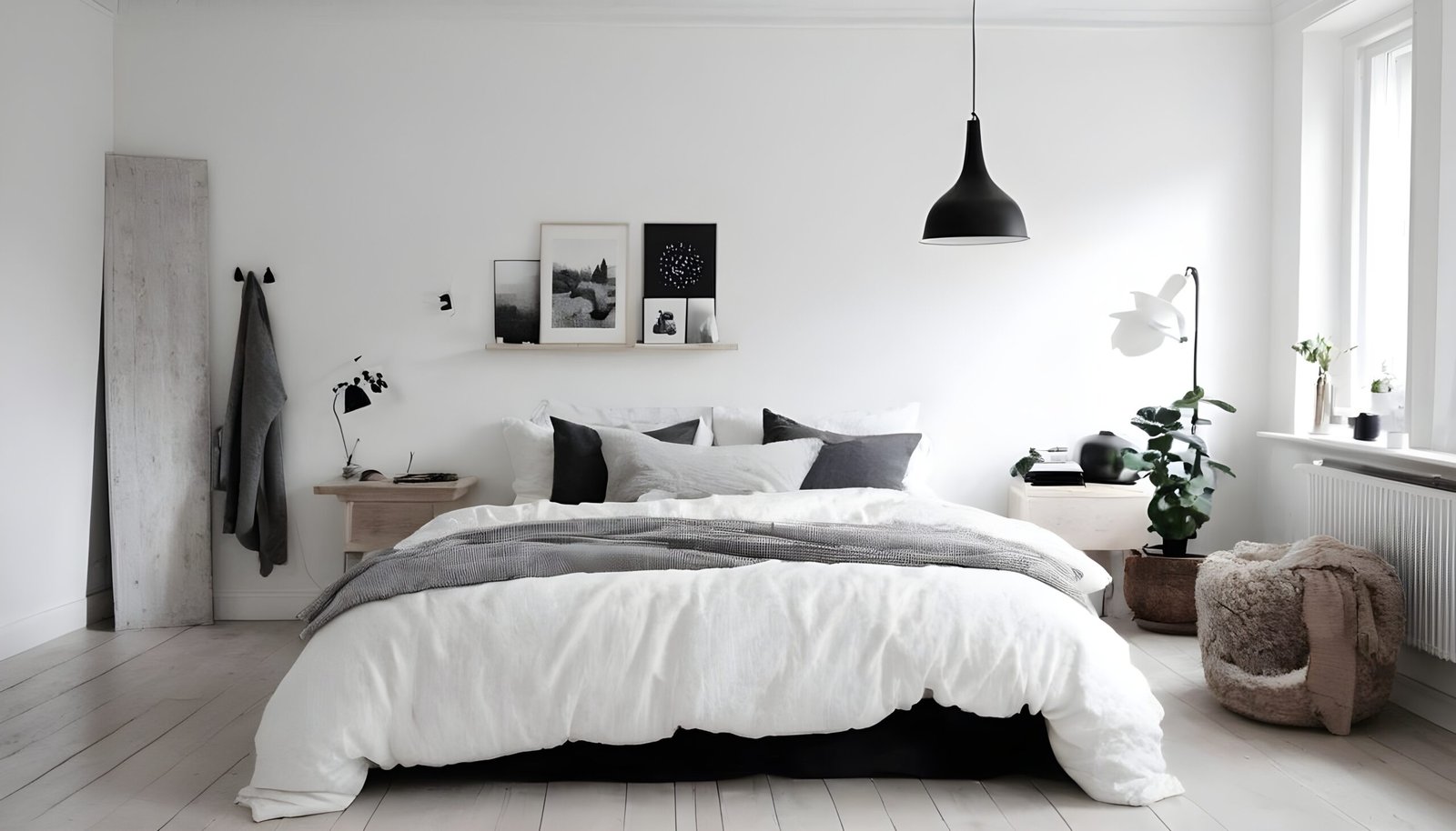 A cozy scandinavian bedroom with lots of pillows and blankets.