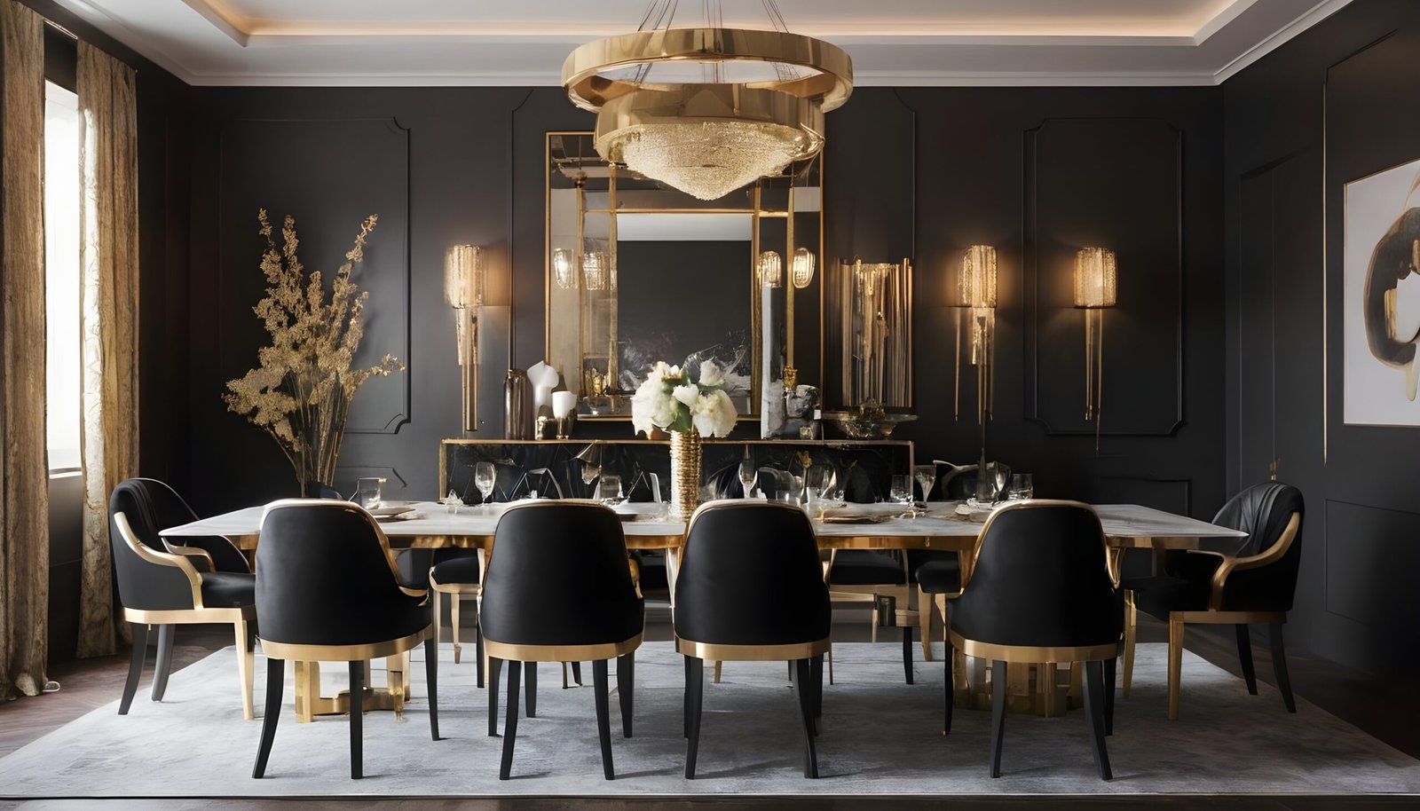 Black dining room in art deco glamour with golden details.