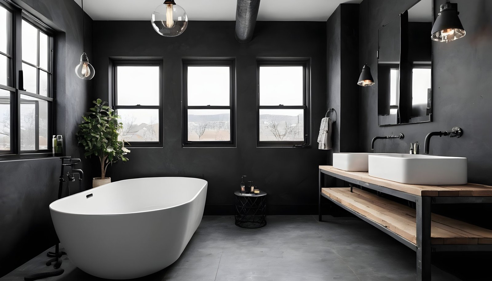 Industrial bathroom with black walls and floors.