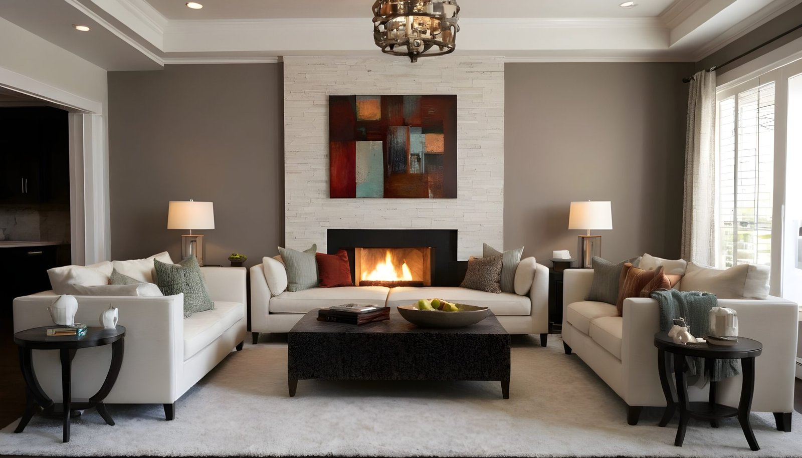 A cozy living room with beige couches in transitional interior design.