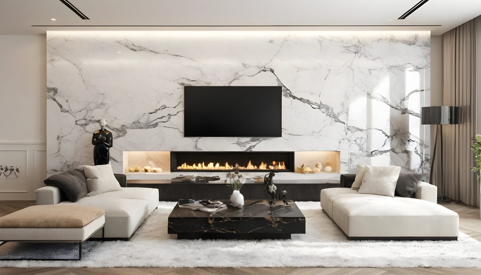 Home Decor Styles, Modern marvels living room with a marble wall.