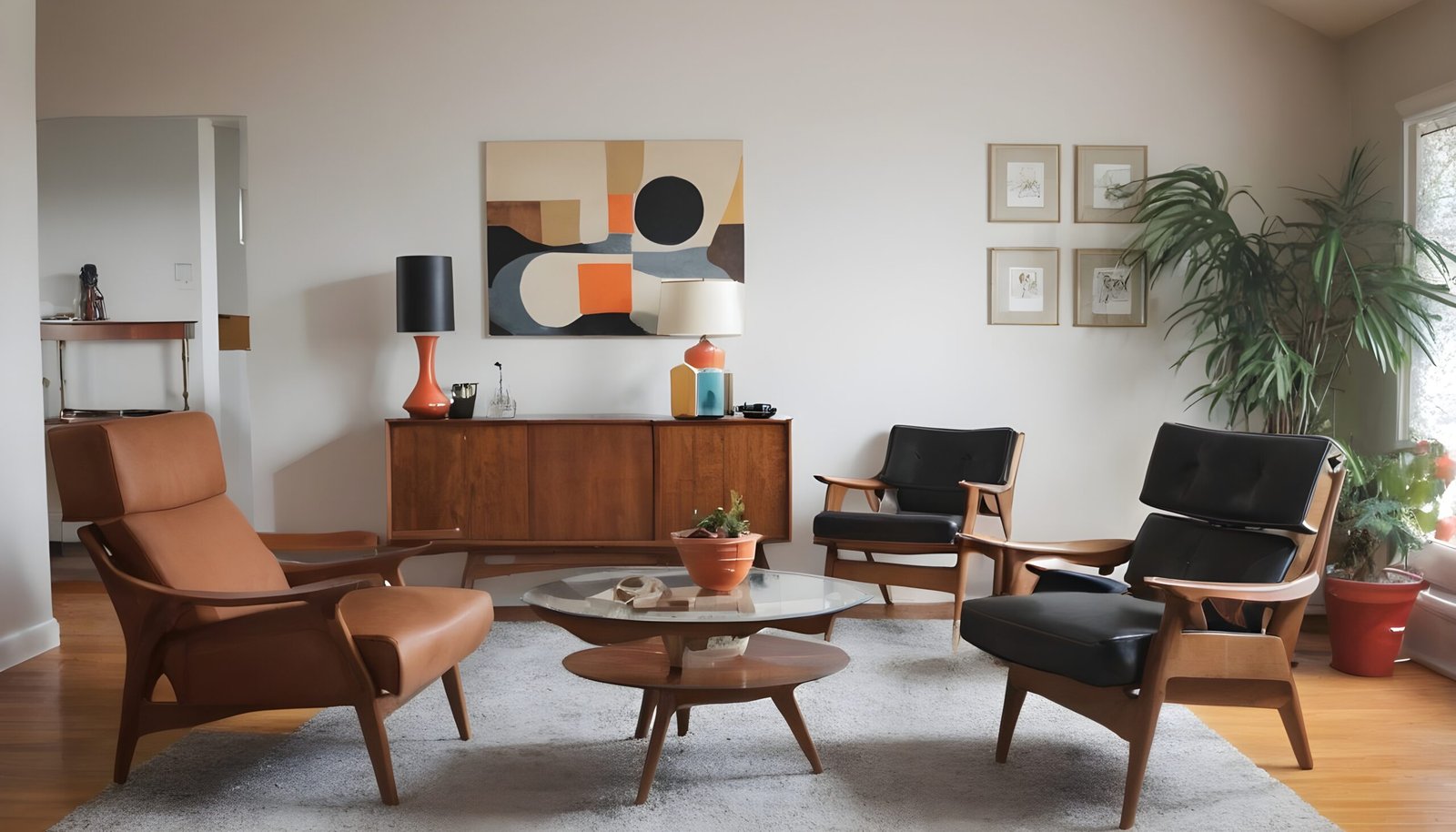 Mid-century modern living room with wooden sideboard. 