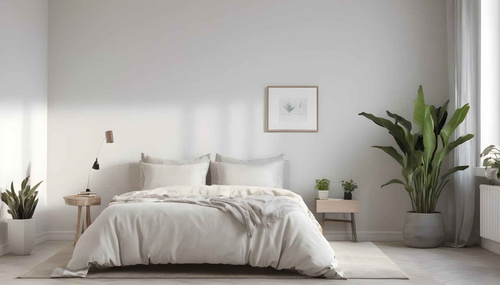 Minimalist bedroom in neutral colors with a big bed and a plant.