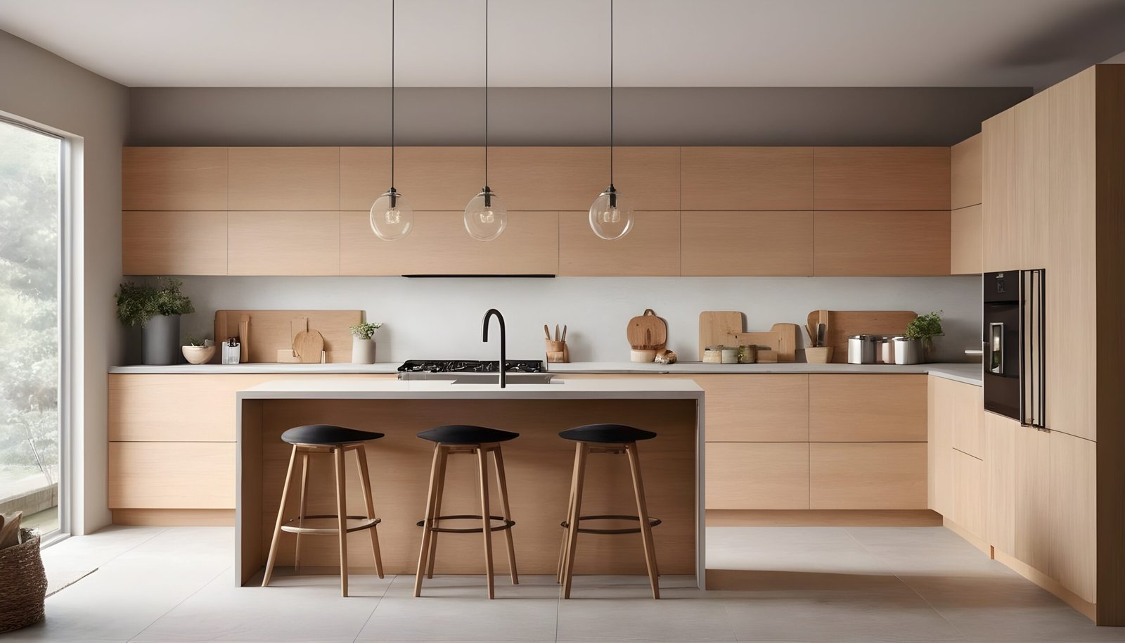 Home organization hacks, Minimalist modern kitchen with light wood cabinets.