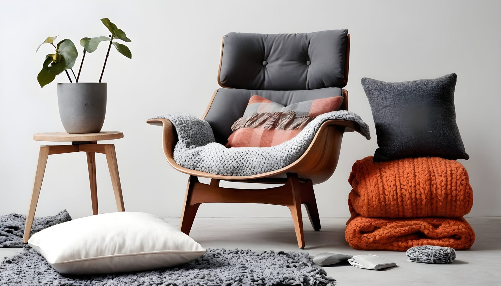 Scandinavian eames chair with lots of pillows and blankets.