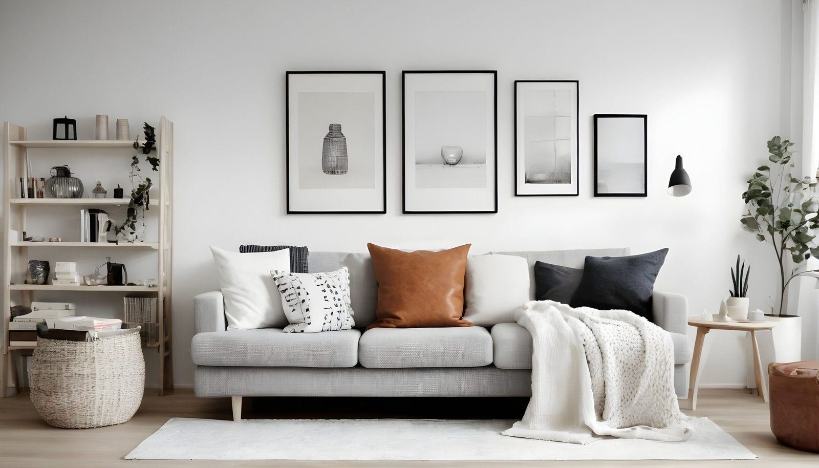 Scandinavian living room with a grey couch and neutral colors.