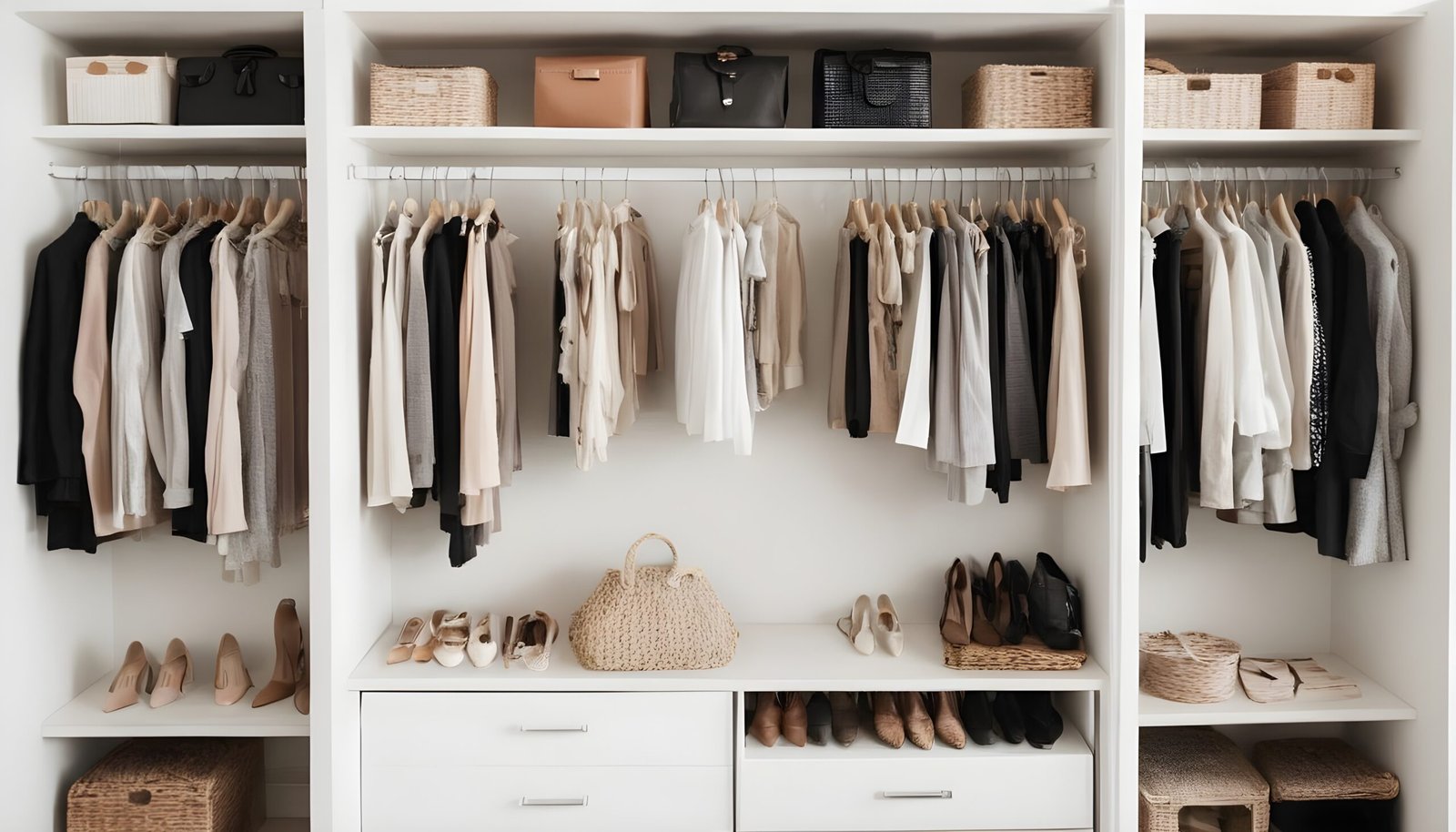 Organized capsule wardrobe with neutral colored clothes.