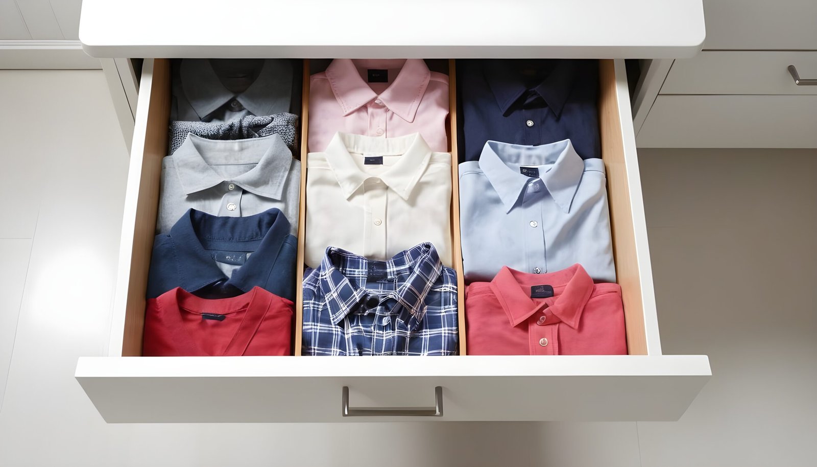 Neatly folded clothing arranged in drawers.