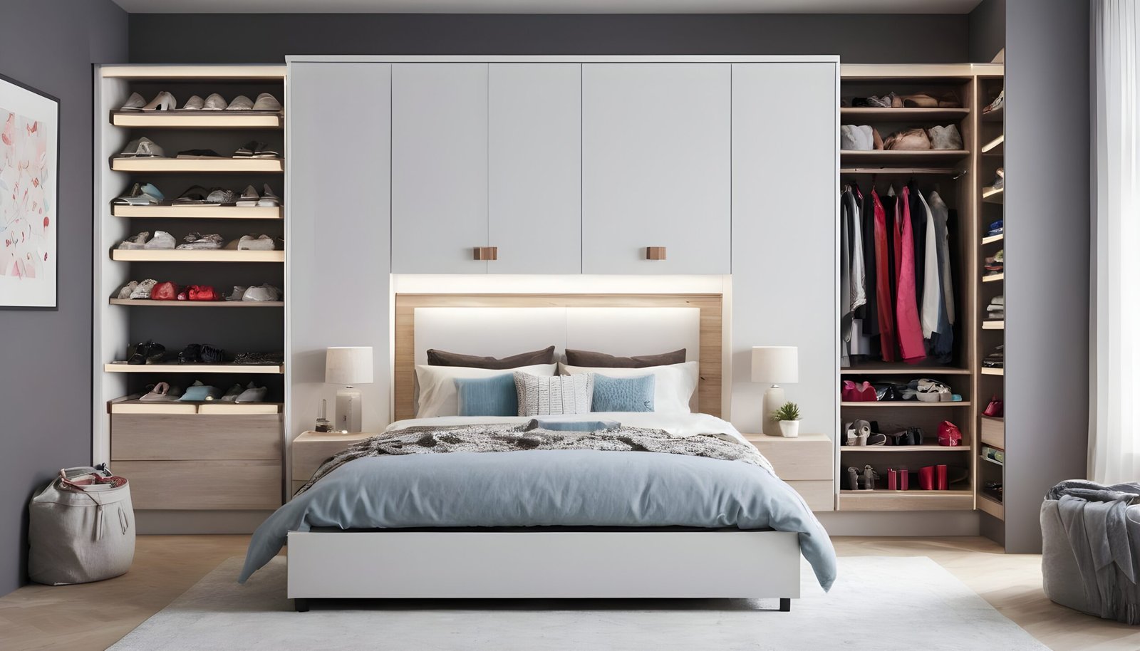 A bedroom featuring clever over-bed storage solutions.