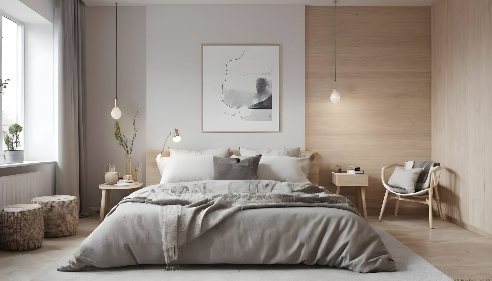 Nordic simplicity, Scandinavian interior bedroom with a large bed and light wood wall.