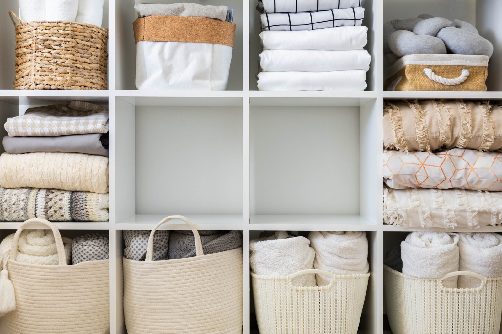Bed linens closet neatly arrangement on shelves with domestic textile Nordic minimalism comfortable storage. 