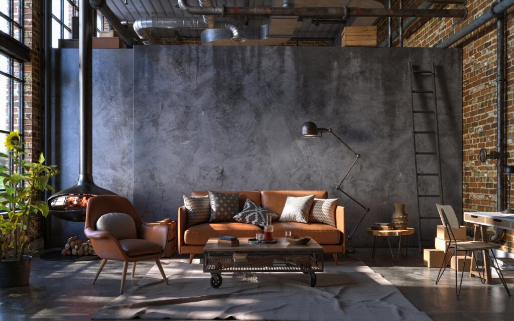 Industrial dark living room with a brown couch.