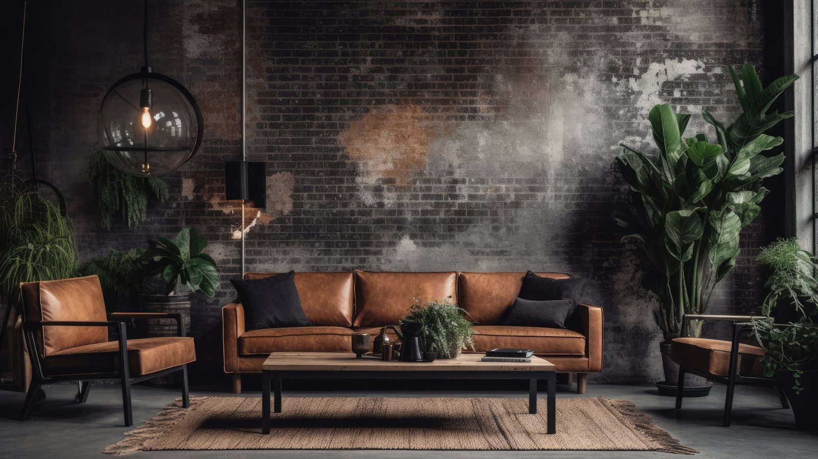 Inspiring industrial interior design with exposed bricks and a brown couch. 