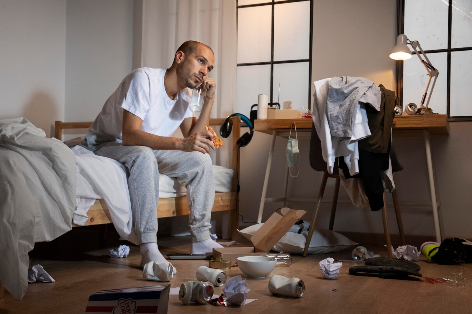Man stressed about messy home.