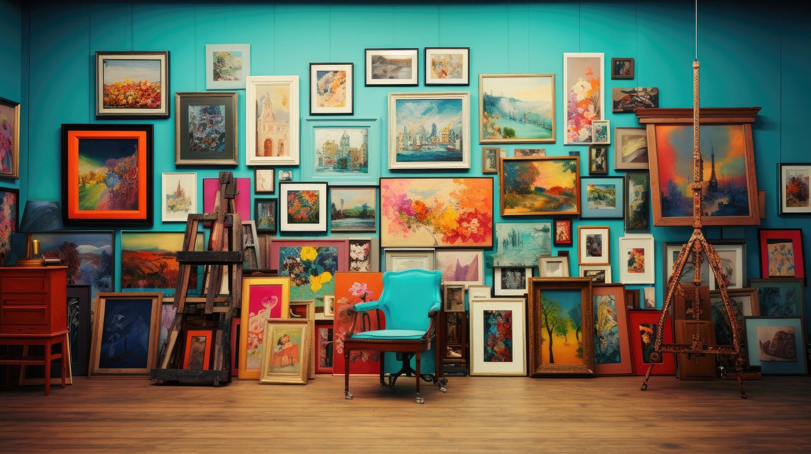 A turquoise wall with lots of wall art and a turquoise chair.