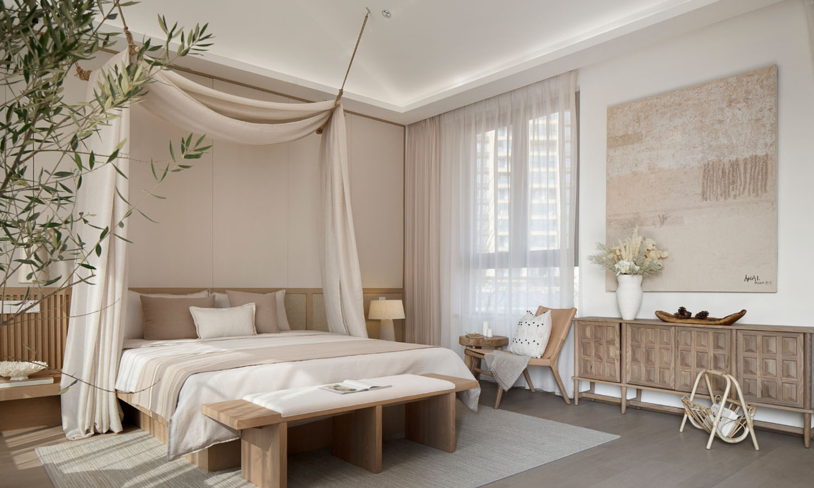 Japandi bedroom with wooden details, a fireplace and lots of plants.