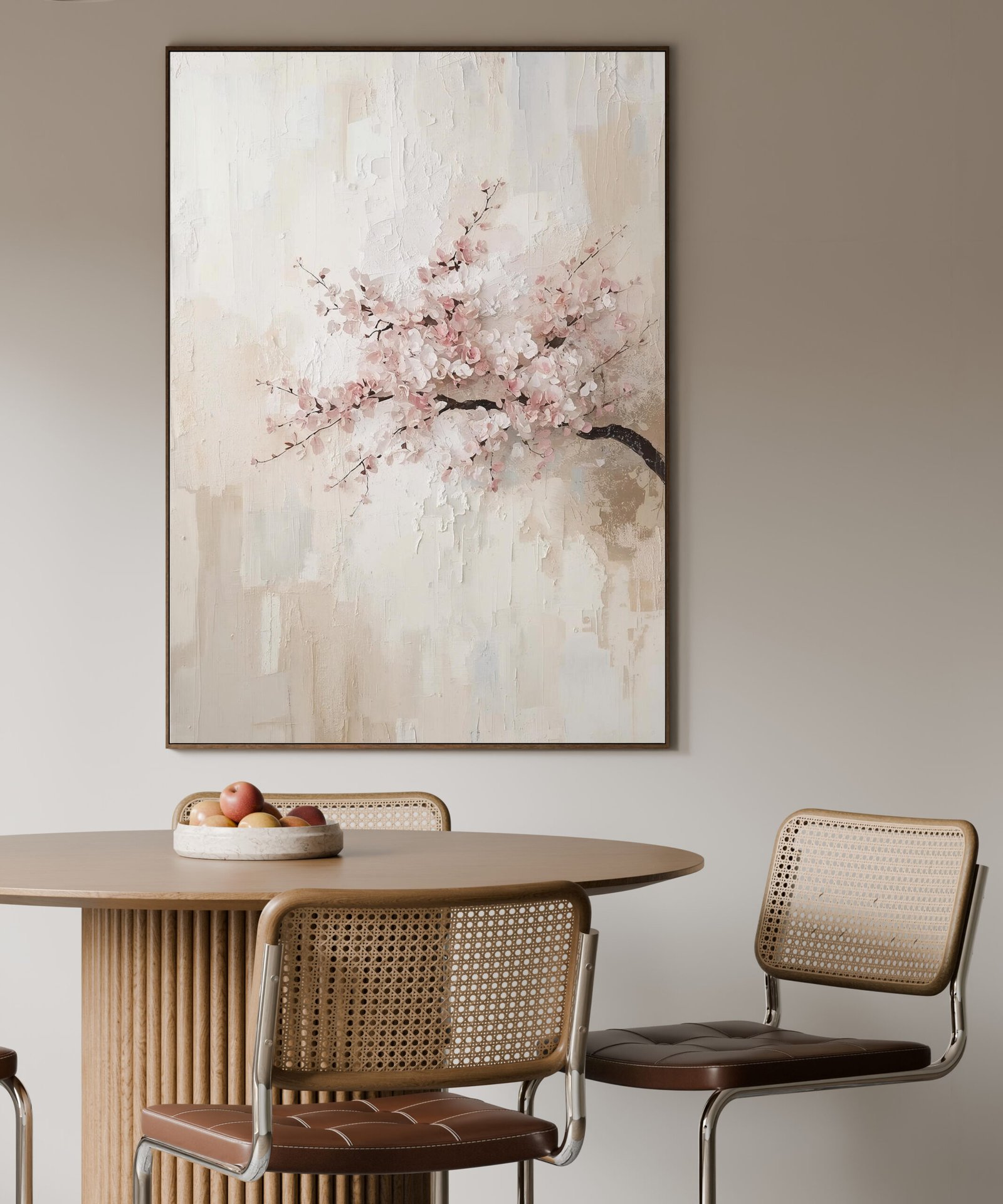 This abstract oil painting poster features a serene cherry blossom tree rendered in a neutral color palette. The calm and balanced composition reflects Scandinavian and Japanese design aesthetics, creating a minimalist modern art vibe that adds tranquility and elegance to any room. Printed on high-quality matte paper, this artwork highlights subtle textures and refined detail, making it a sophisticated addition to your living space. Perfect for art lovers, nature enthusiasts, and anyone who appreciates peaceful, stylish home decor.