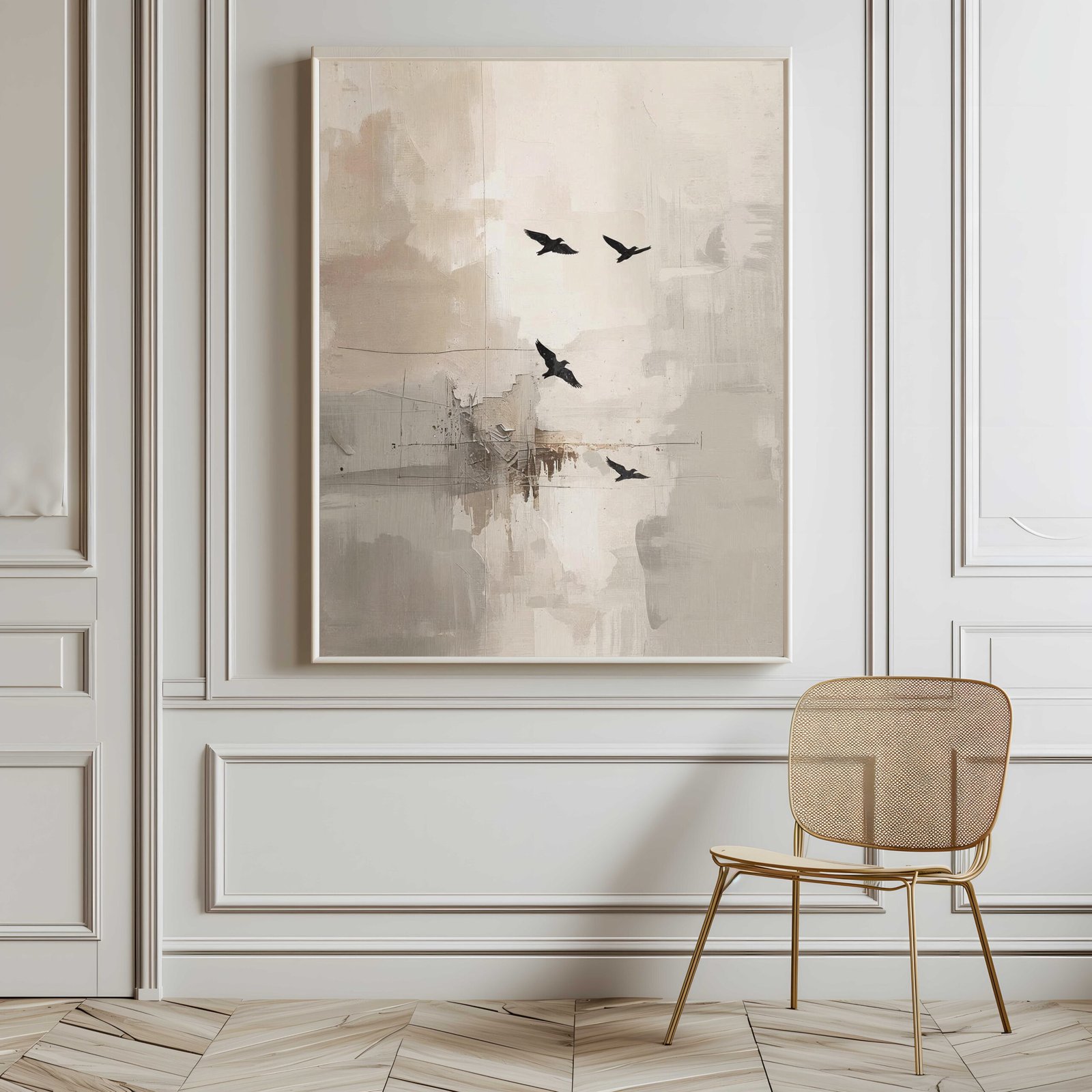 This abstract oil painting poster features a minimalist design with the silhouettes of four birds flying across a calm, neutral-toned sky. With its soft, muted colors and serene composition, this piece evokes tranquility, balance, and timeless elegance. Perfect for modern, Scandinavian, and Japandi-inspired interiors seeking a peaceful, refined atmosphere.