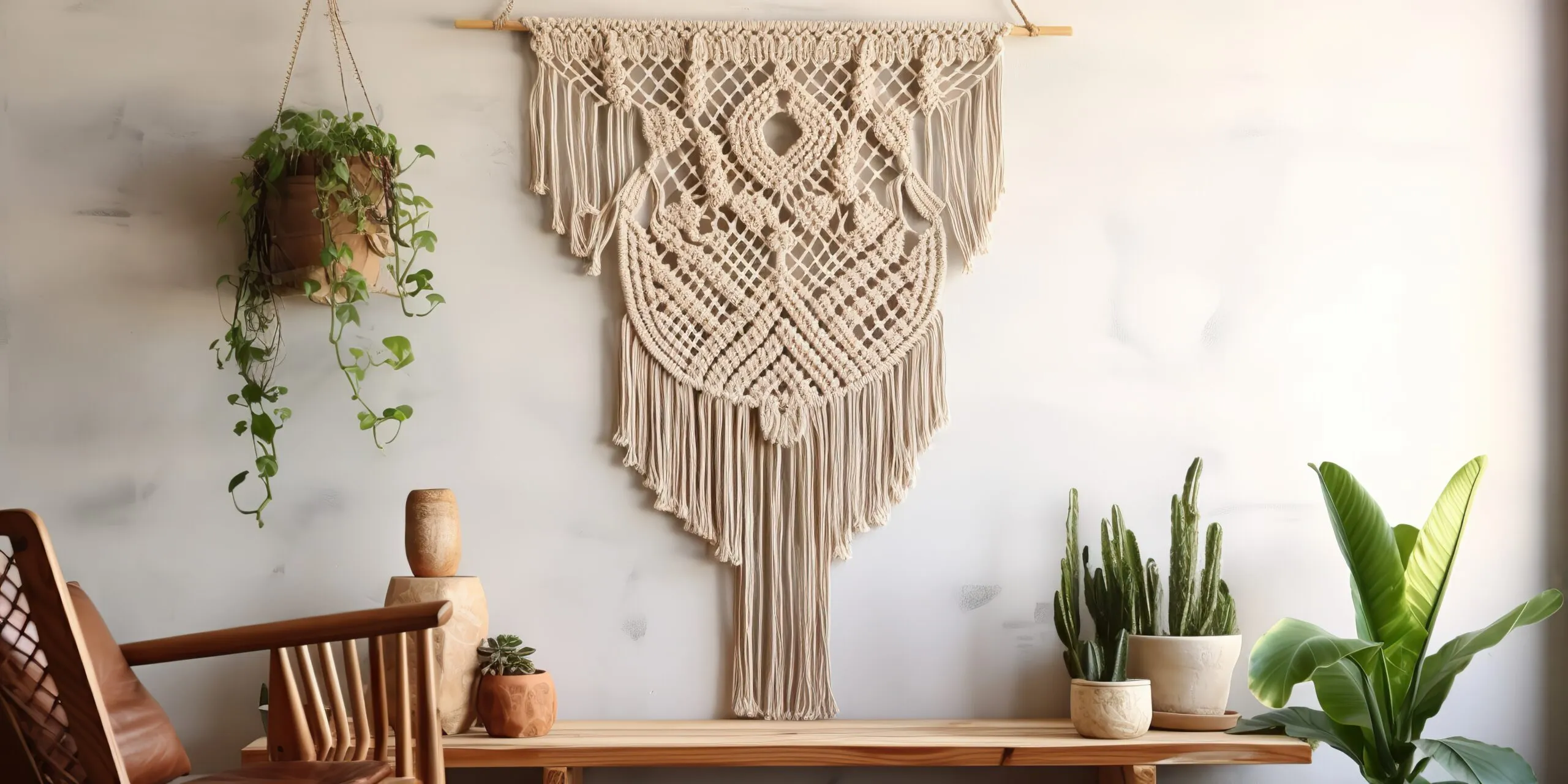 Hand made macrame art decoration at cozy home interior design. 
