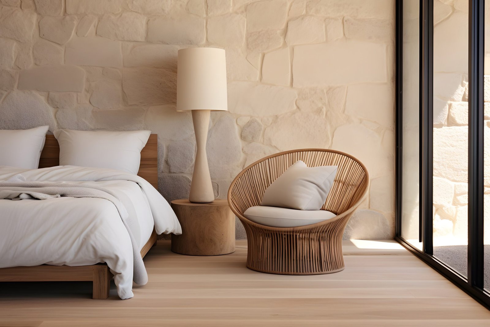 Bedroom interior with stone wall and wooden bed and chair. 