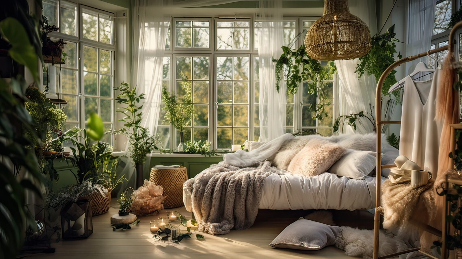 Bedroom with large window and lots of plants.