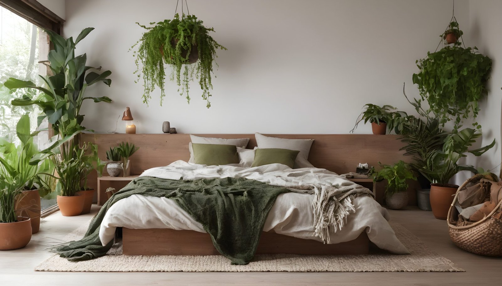 Biophilic bedroom with earthy colors and lots of greenery.