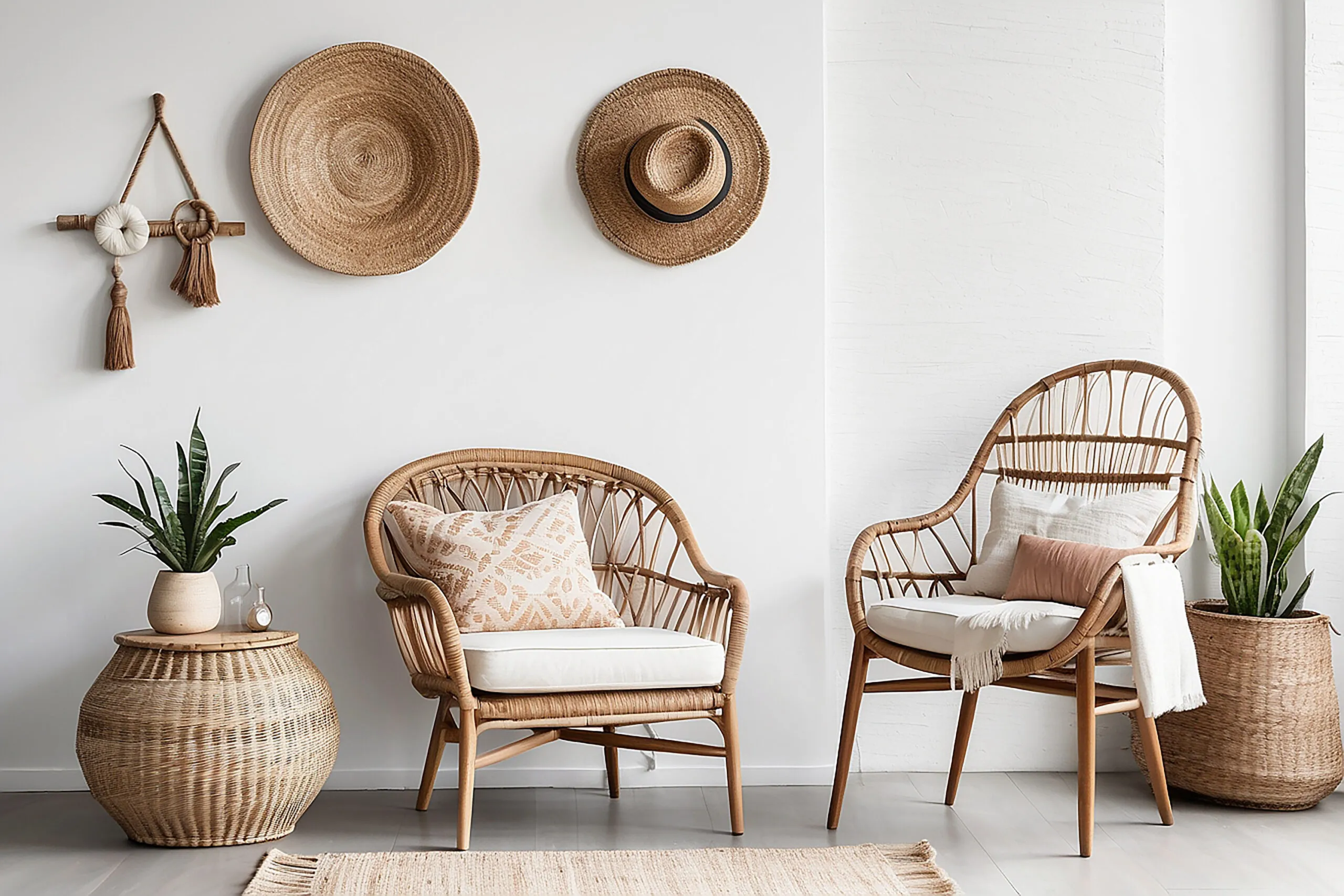 Boho style living room with wicker chair and drawer on white wall.