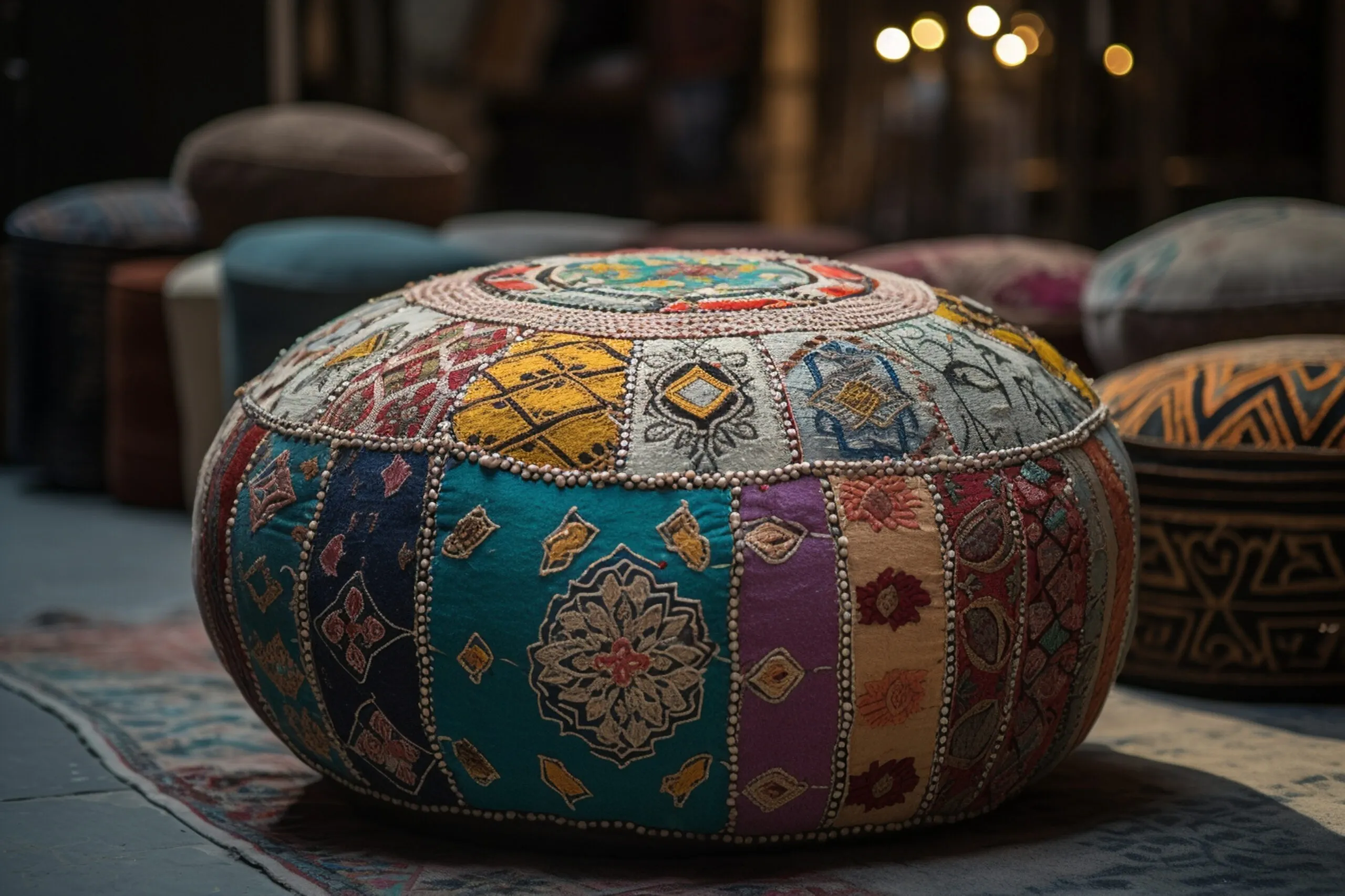Colorful cushion with lots of different patterns.