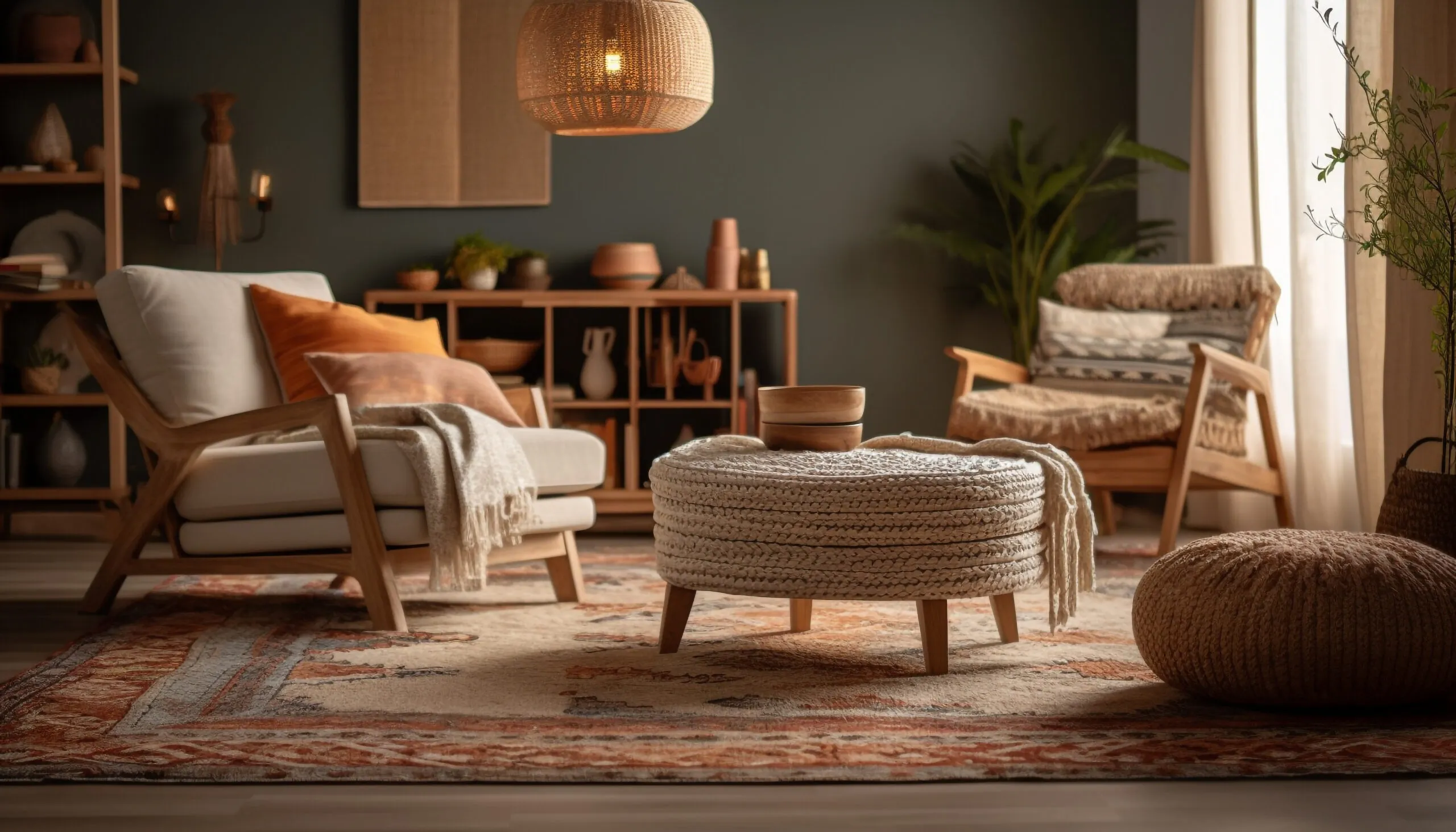 Boho Chic Furniture, Comfortable boho chic living room with lots of different fabric and plants.