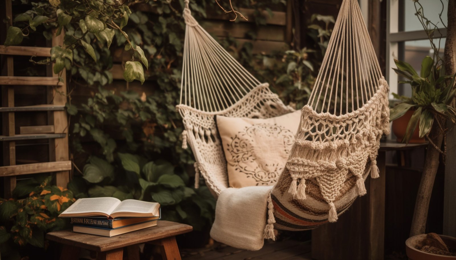 Comfortable pillow on rustic hammock, reading literature in tranquil nature.