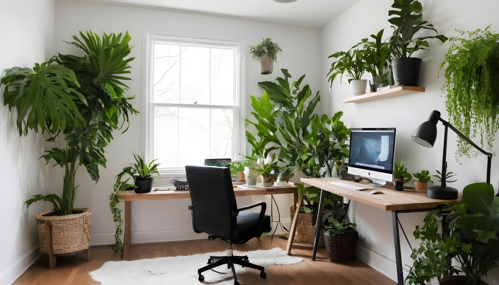 At home office with a desk, chair and lots of plants.