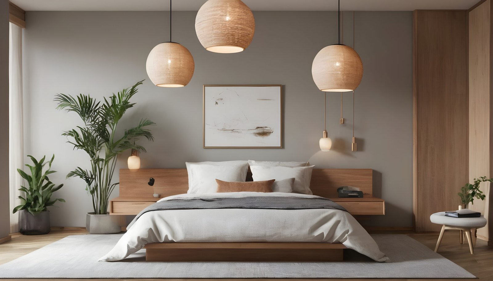 Typical japandi bedroom with staple pendant lights. 