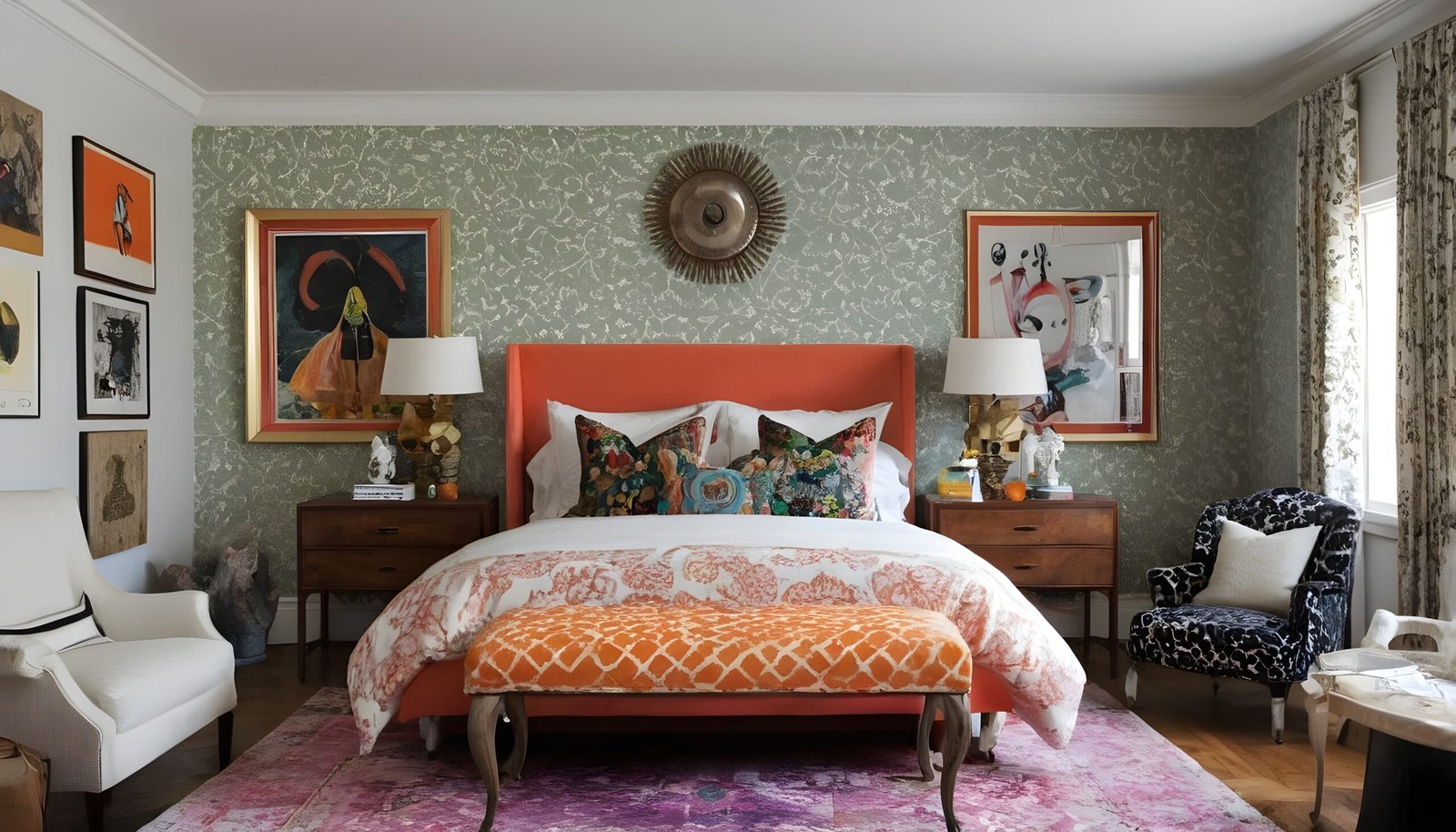 A bedroom with bold colors and patterns, a big couch, and artwork.