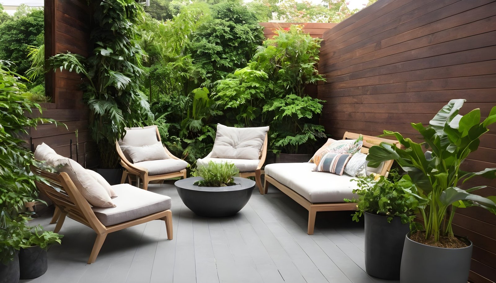 Biophilic outdoor room with wooden furniture.