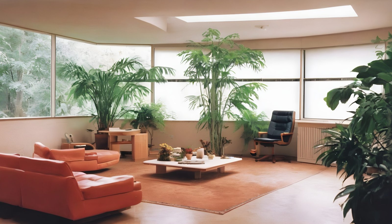 1980s biophilic living room with orange couches and lots of greenery.