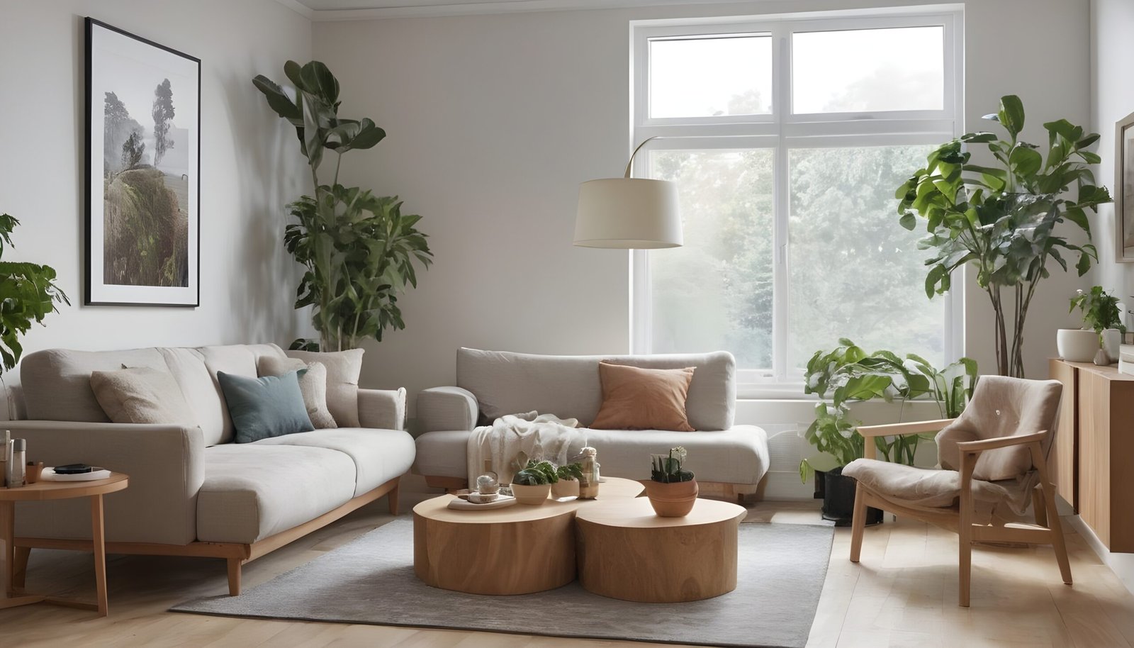 Benefits of biophilic design, a living room with earthy colors and lots of greenery.