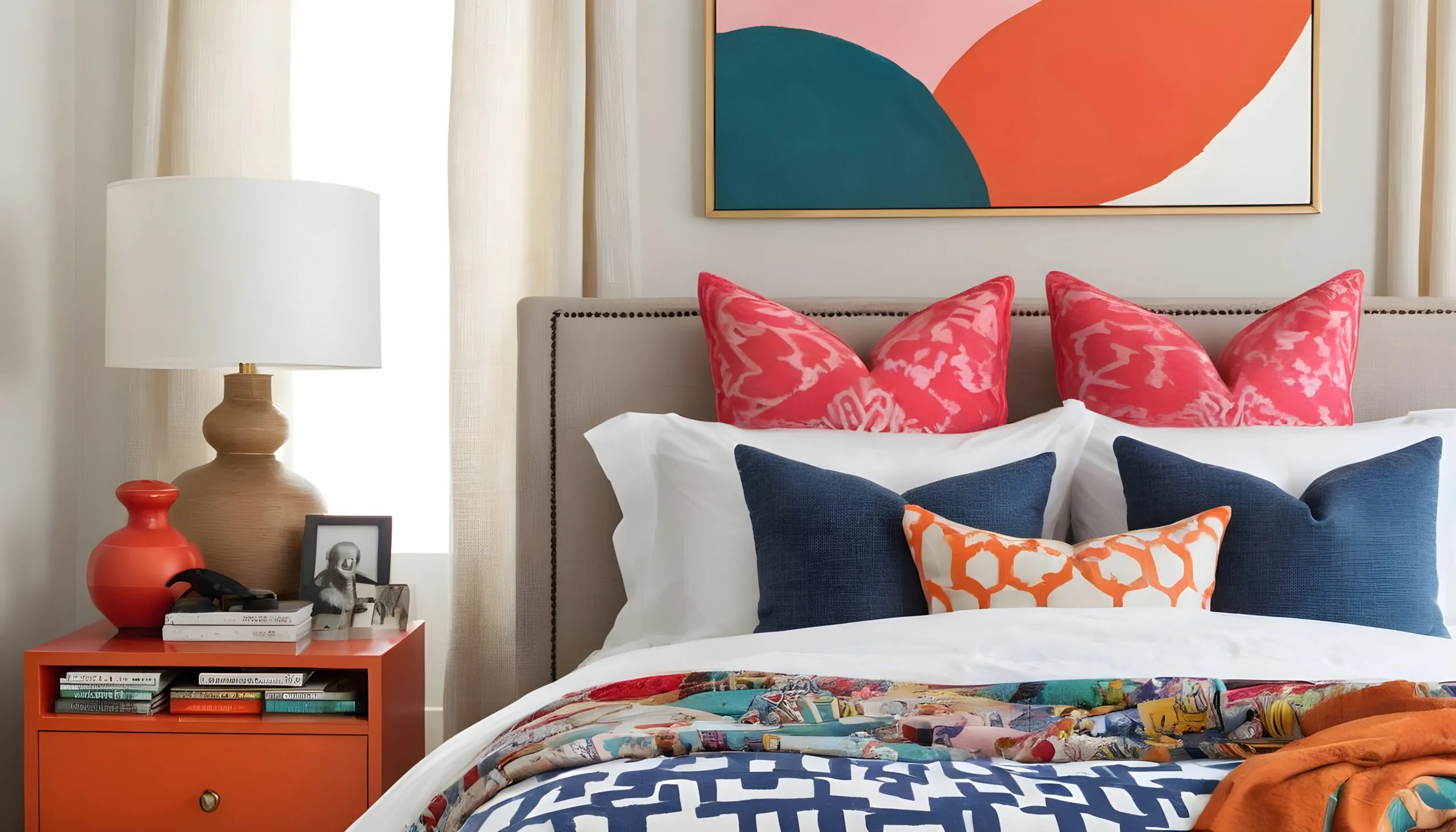 Eclectic Interior Design, A closeup on a bed with an orange bedside table, pink pillows and a patterned bedspread.