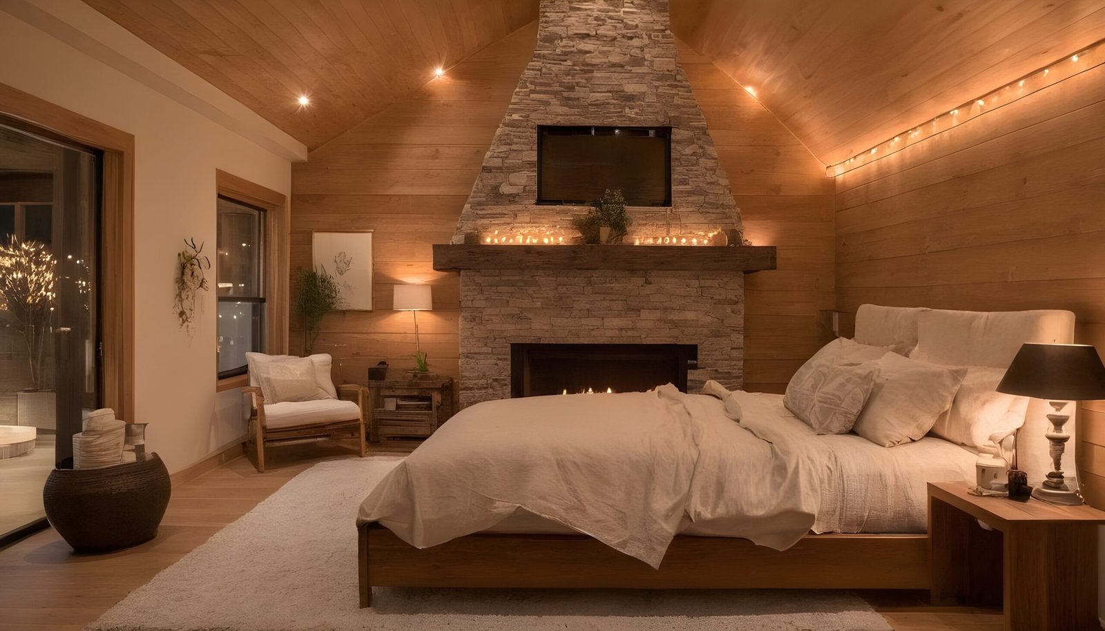 A beautiful bedroom with wooden home decor, warm lights and a fireplace.