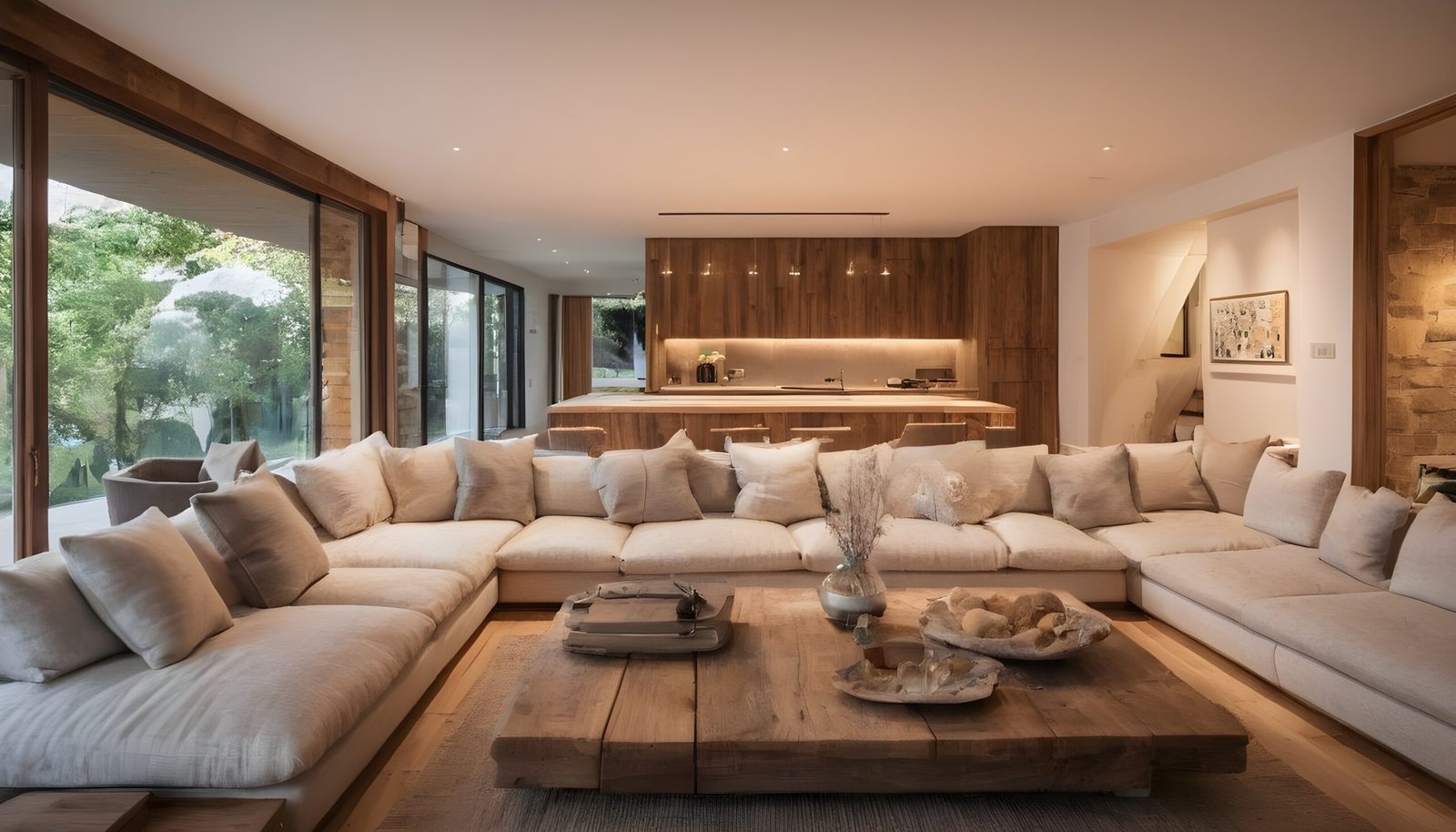 A wooden home with a huge linen couch and wooden coffee table.