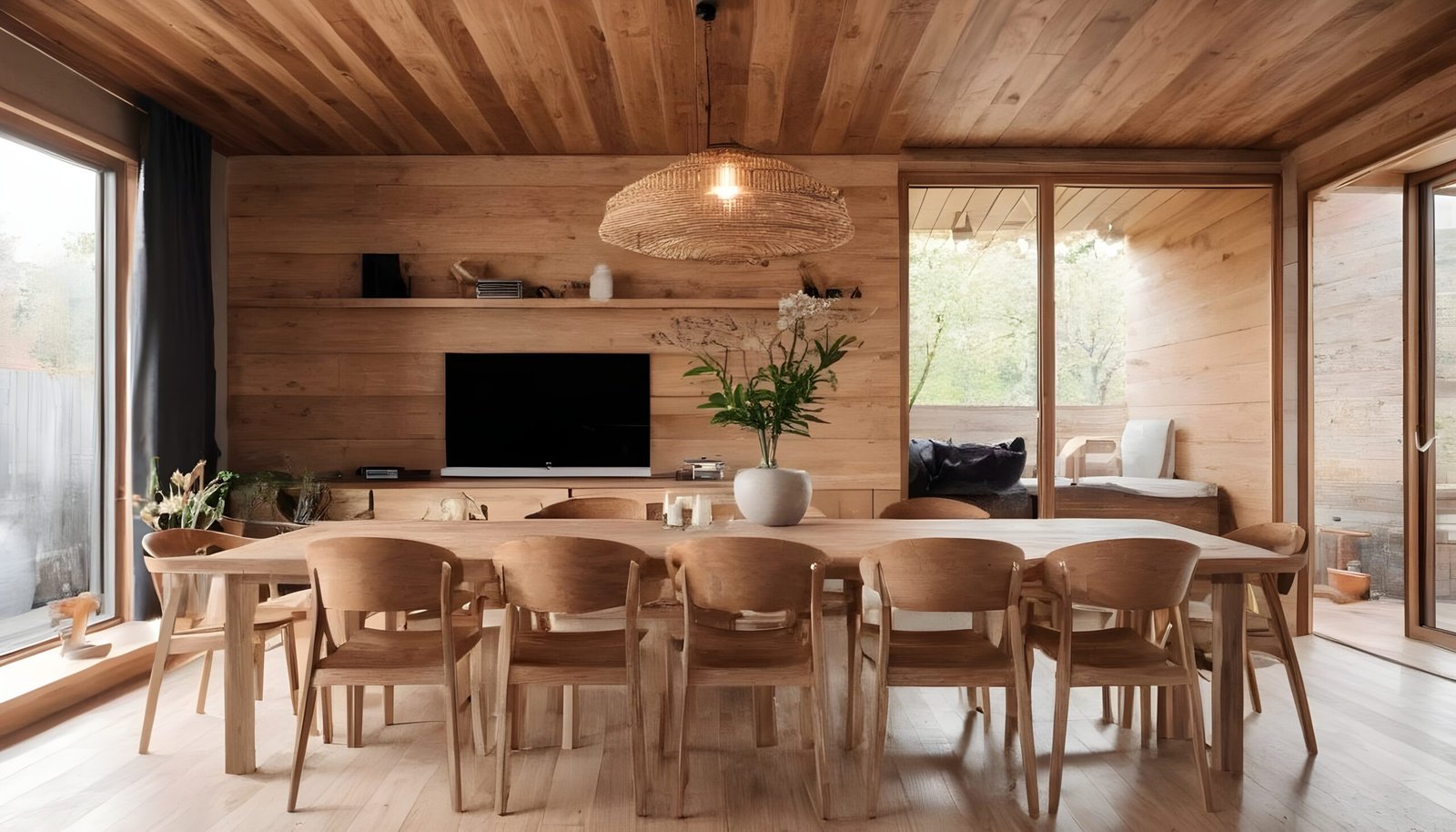 Dining room with lots of wooden details for a warm indoor outdoor feeling.