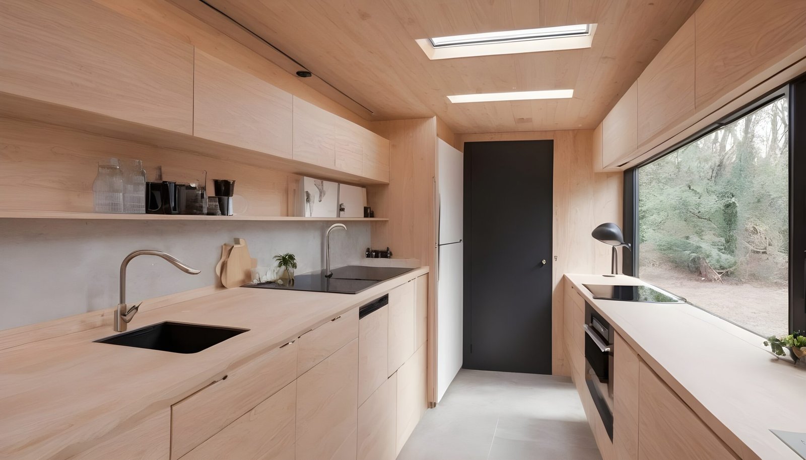 A luxury but tiny kitchen in light wood.